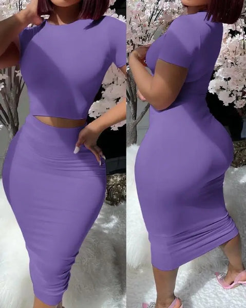 Trendy Fitted Plain Crop Top And Skirt Set