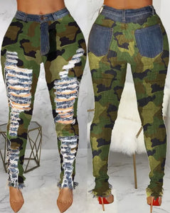 Trendy Camouflage Print Ripped High Waist Pants