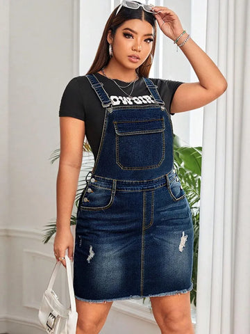 Trendy Plus Size Blue Denim Overall Dress