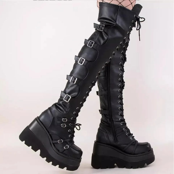 Trendy Black Thigh High Platform Wedges Boots