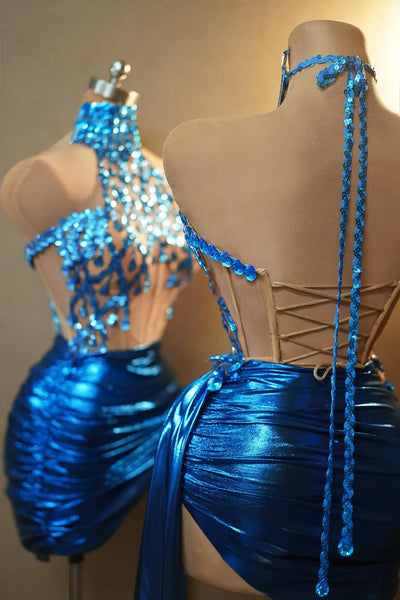 Trendy  Blue Rhinestone Crop Top And Bottom Set