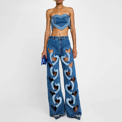 Trendy Heartfelt Two Piece Denim Hollow out Crop Top And Pants Set