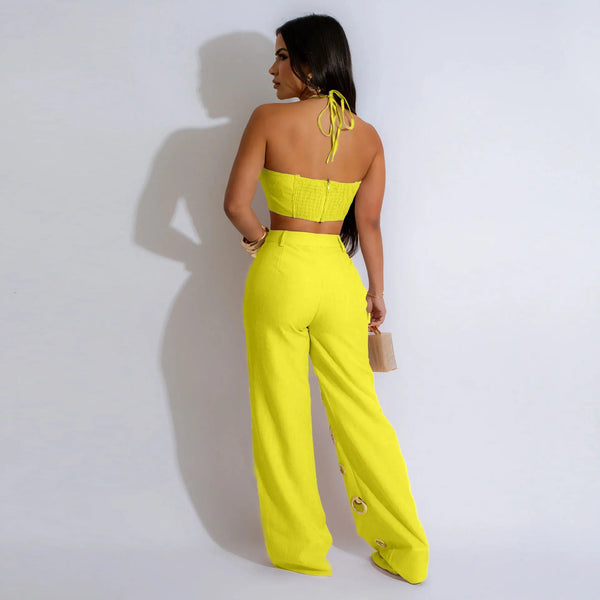 Trendy Hollow Out Two Piece Crop Top And Bottom Pants Set