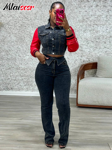 Trendy Denim Faux Leather Patchwork Jacket And Pants Set