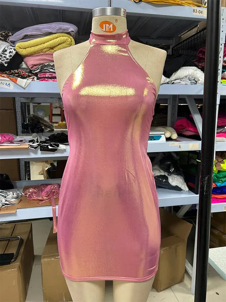 Trendy Metallic Pink  Back Out Party Dress