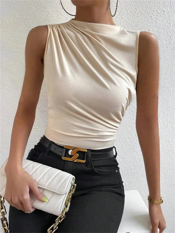 Trendy Ruched Slim Fit Pleated Sleeveless Blouse