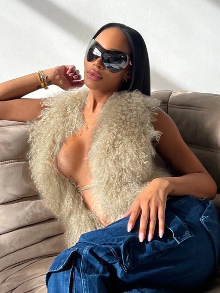 Trendy Furry Halter Backless Tie-Up Vest
