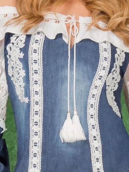 Trendy Lace Patchwork Denim Long Sleeve Blouse