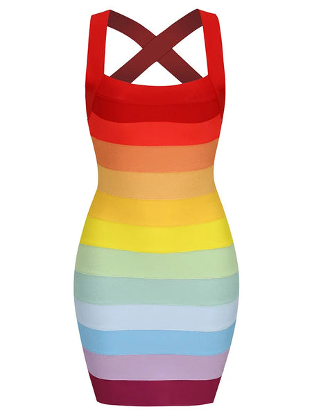 Trendy Rainbow Bandage Strap Party Dress