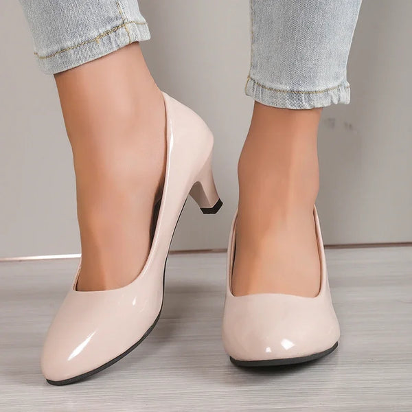 Trendy Round Toe Low Liquid Faux Leather Heels