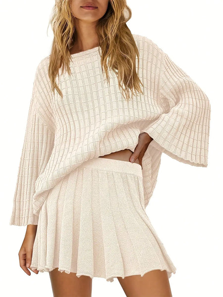 Trendy Pleated Long Sleeve Sweater Mini Skirt Set