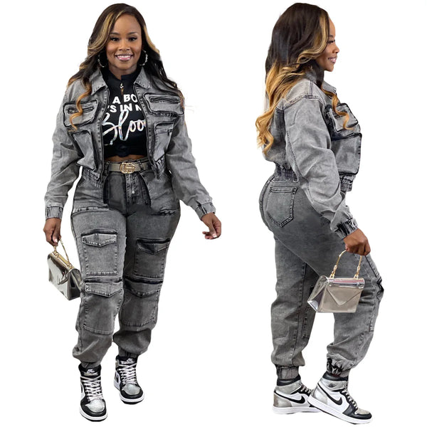 Trendy Denim Cargo Style Jacket And Pants Set