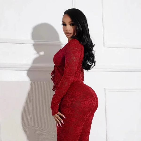 Trendy Lace Cardigan Fringed Two Piece Wide Leg Pants Set