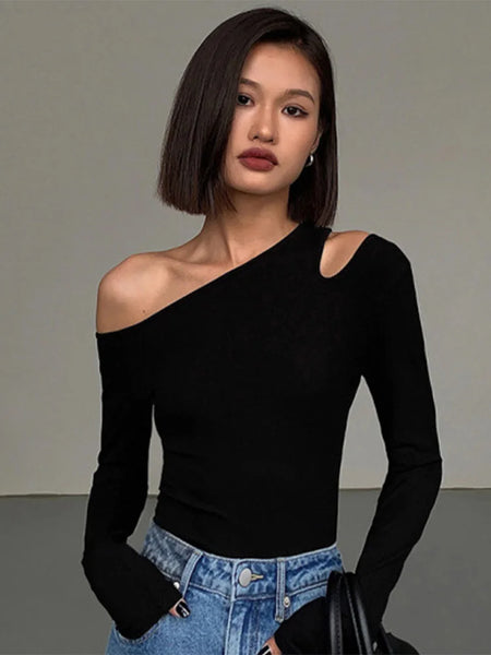Trendy Off Shoulder Black Hollow Out Blouse