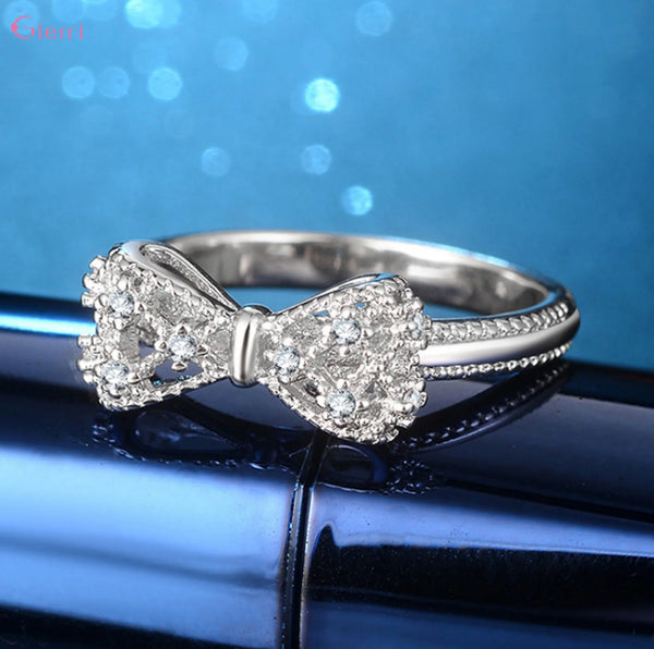 Trendy Sterling Silver Bowknot Cubic Zirconia Rhinestone Ring