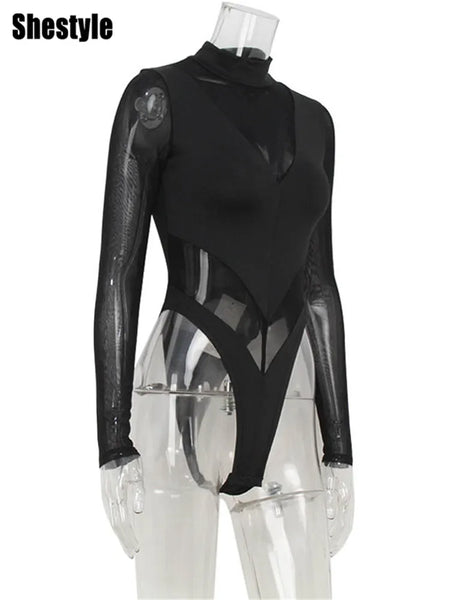 Trendy Patchwork  Mesh Transparent Bodysuit