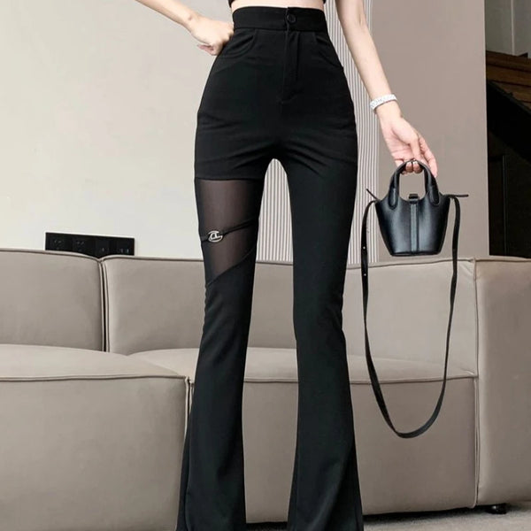 Trendy Black High Waist Hollow Mesh Pants