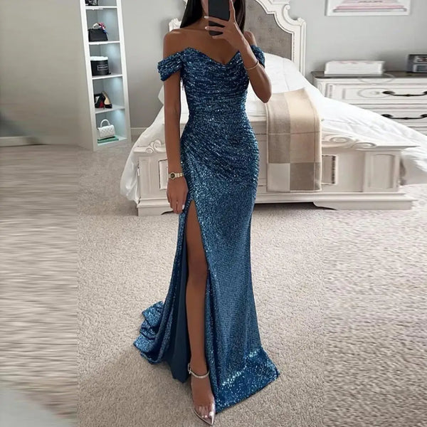 Trendy Formal Elegant V Neck Shoulder Sequin Dress