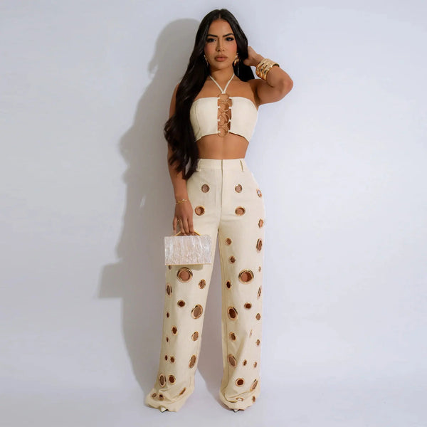 Trendy Hollow Out Two Piece Crop Top And Bottom Pants Set