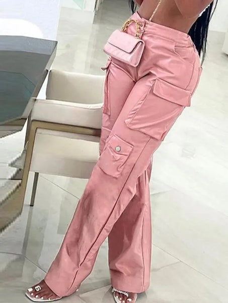 Trendy Pink Casual High Waist Straight Leg Leather Pants