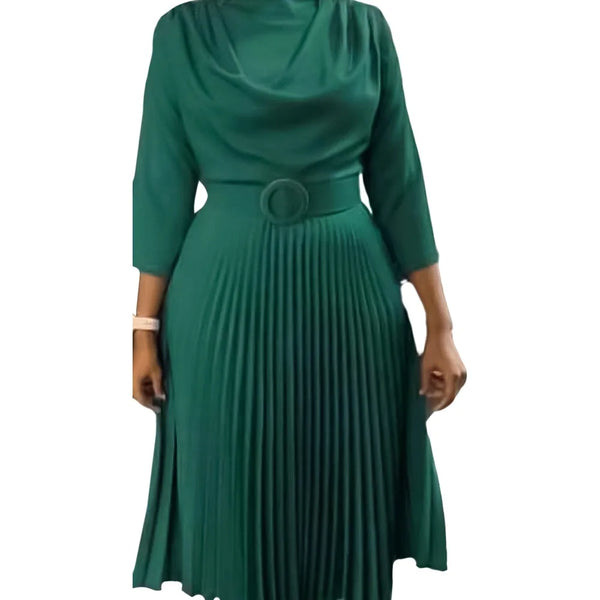 Trendy Pleated Long Sleeve Dress With Belt