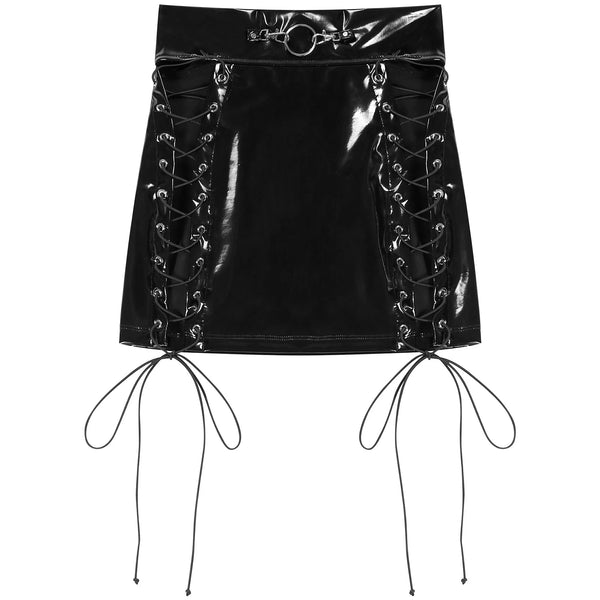 Trendy Black Faux Leather Lace Up Mini Skirt