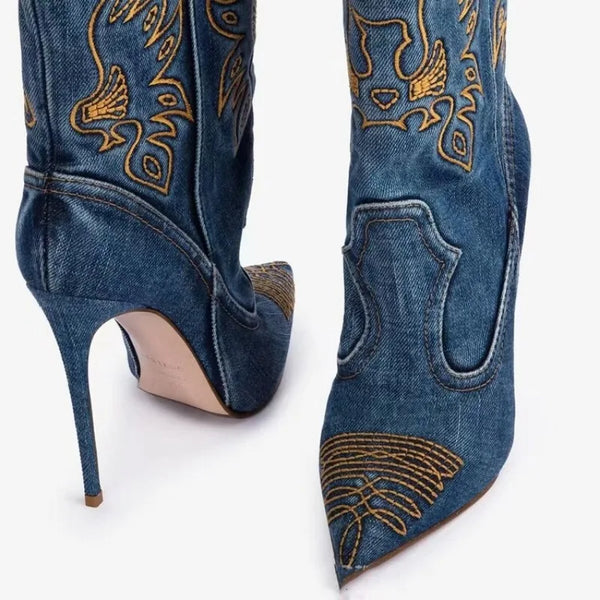 Trendy Western Style Denim Pointed Short Boots