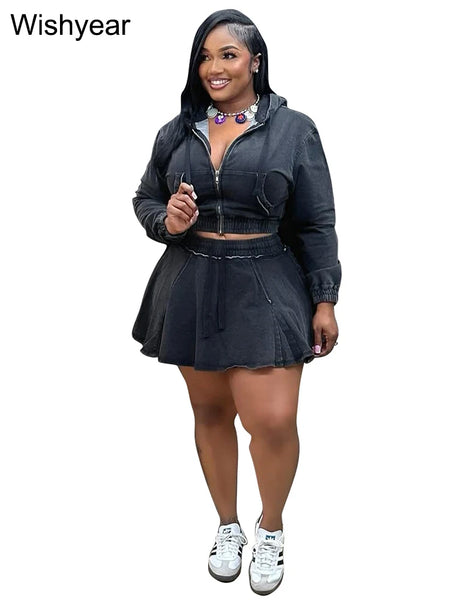 Trendy Denim Stoned Washed Crop Jacket And Pleated Skirt