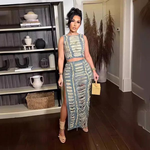 Trendy Denim Hollow Out Vest And High Slit Skirt Set