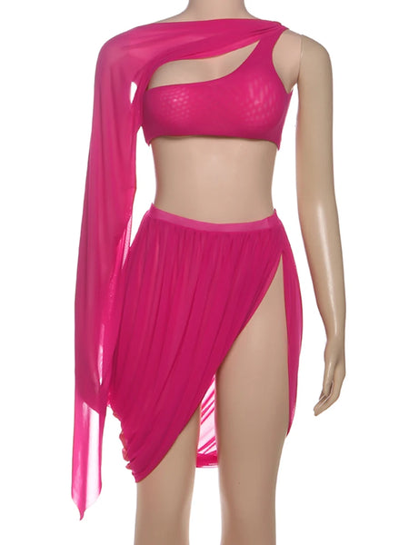 Trendy One Sleeve Mesh Fringed Crop Top And Skirt Set