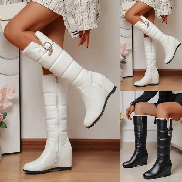 Trendy Solid Puff Leather Knee High Wedge Boots