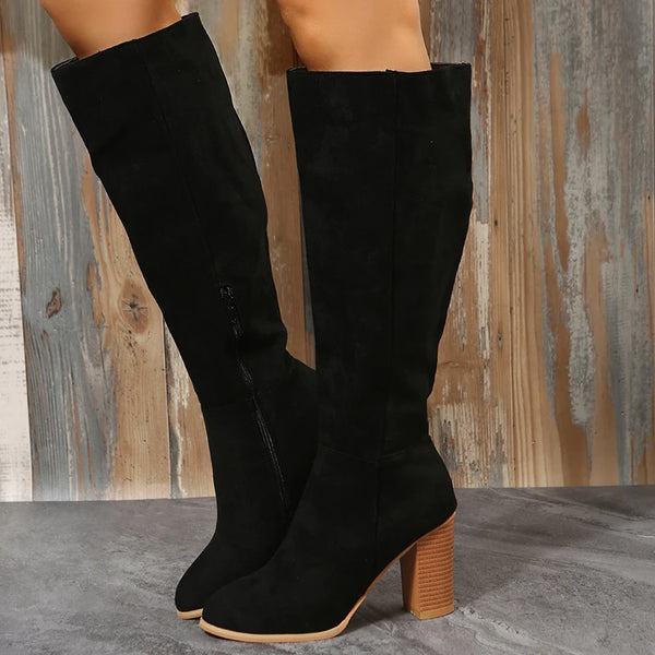 Trendy Western Leather Knee High Heel Boots