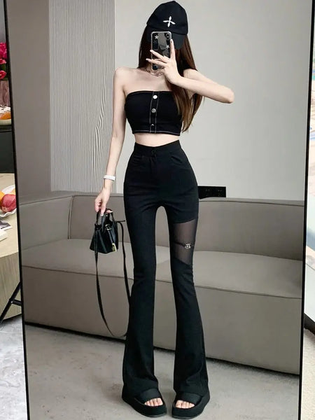 Trendy Black High Waist Hollow Mesh Pants