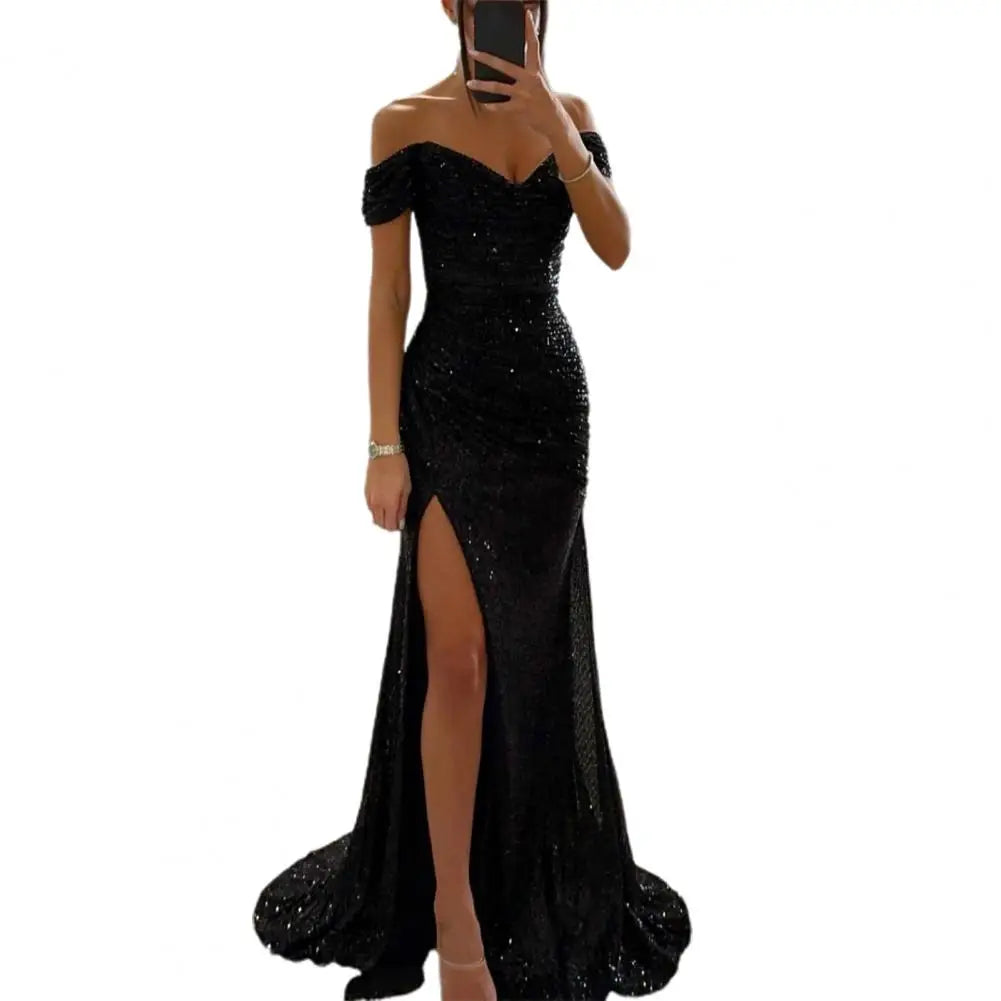 Trendy Formal Elegant V Neck Shoulder Sequin Dress