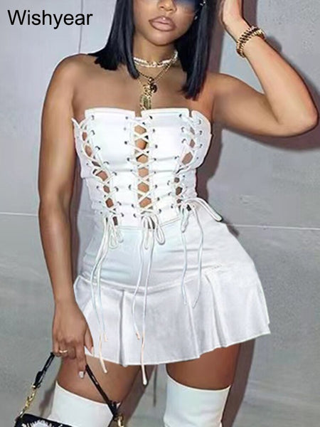 Wishyear Sexy Night Club Party Bodycon Dresses Women Birthday Outfits Summer Vacation Off Shoulder Lace Up Bandage Short Robe