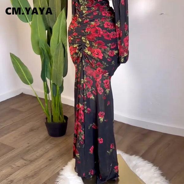 Trendy Hollow Out Rose Floral Long Maxi Dress