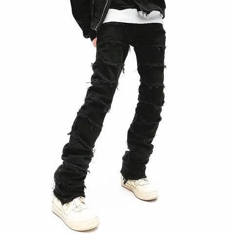 Trendy Black Patchwork  Stacked Men Jeans