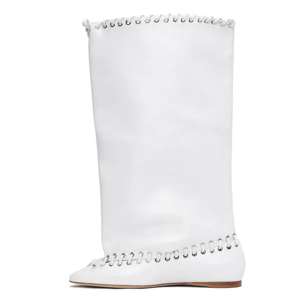 Trendy Wide Knee High Cross Tied Flat Sole Boots