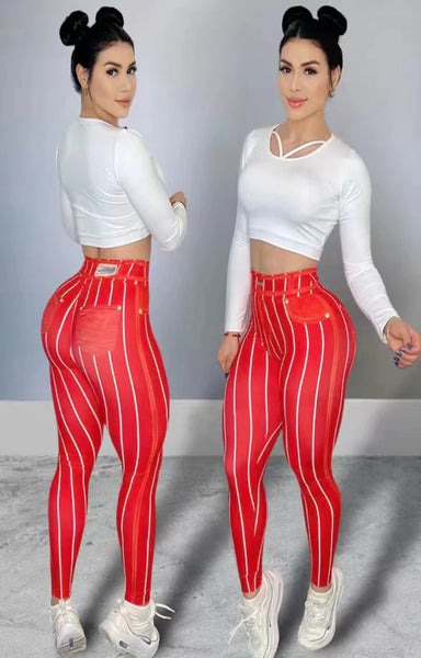 Trendy High Waist Stripe Print Yoga Leggings