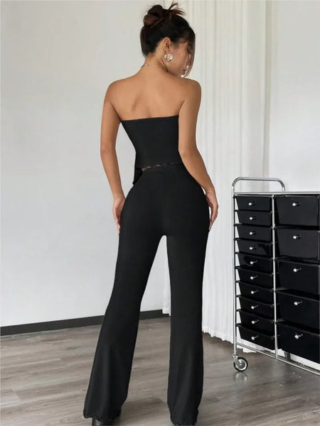 Trendy Two Piece Ruffle Crop Top And Pants Set