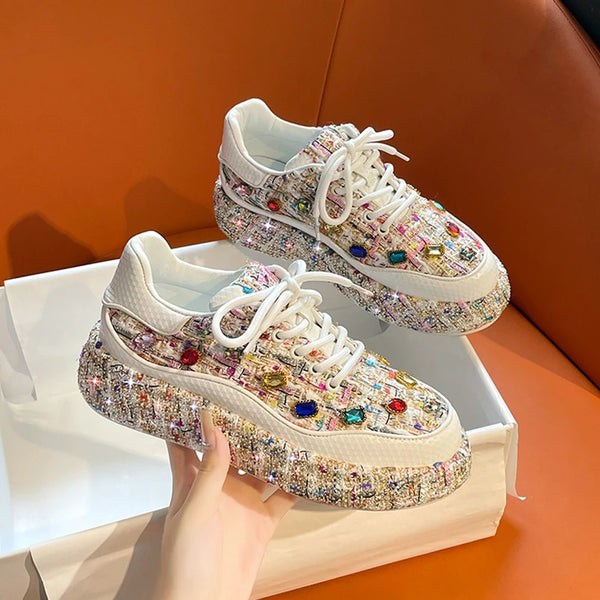 Women's Bead Decoration Luxury Platform Sneakers Diamond Shining Crystal Sports Shoes Designer Shoes Trendy Casual Flat Shoes