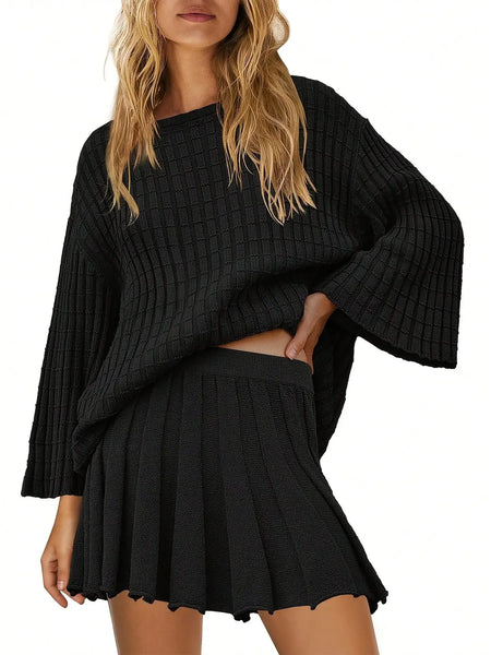 Trendy Pleated Long Sleeve Sweater Mini Skirt Set