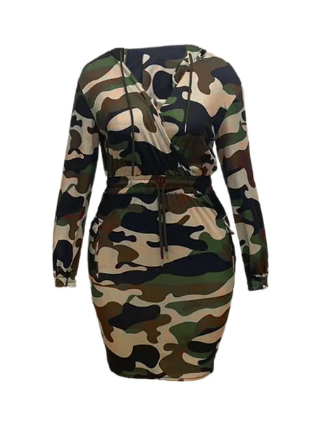 Trendy Army Print Side Pocket Hooded Dress