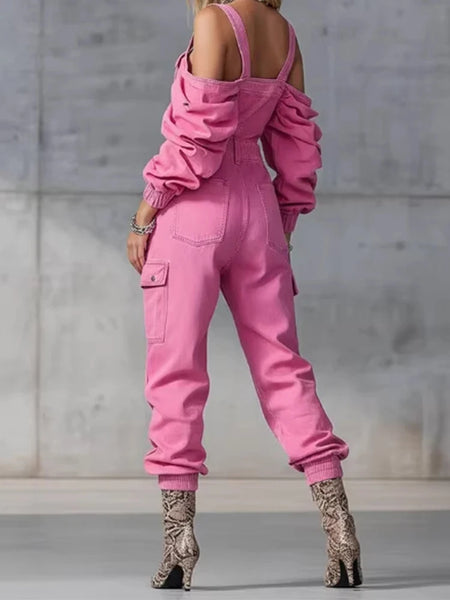 Trendy Pink  Denim Cargo Pants Romper Jumpsuit
