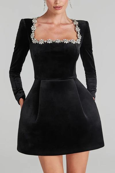 Trendy Velvet Square Beaded Collar Dress