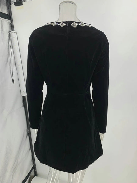 Trendy Velvet Square Beaded Collar Dress