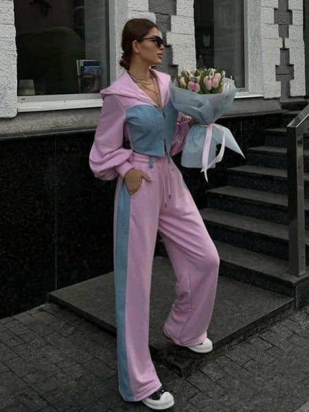 Trendy Two Piece Flare Crop Jacket And Pants Set