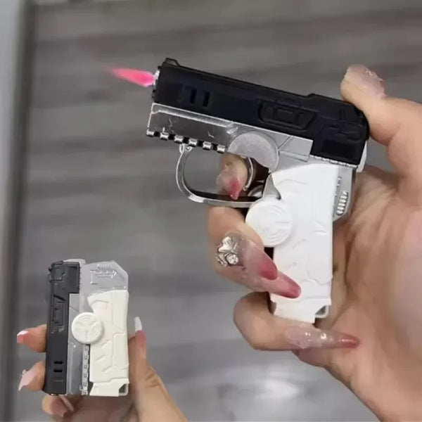 Metal Folding Gun Style Inflatable Lighter Windproof Butane Gas Jet Red Flame Gyroscope Lighter with Laser for Men's Small Tool