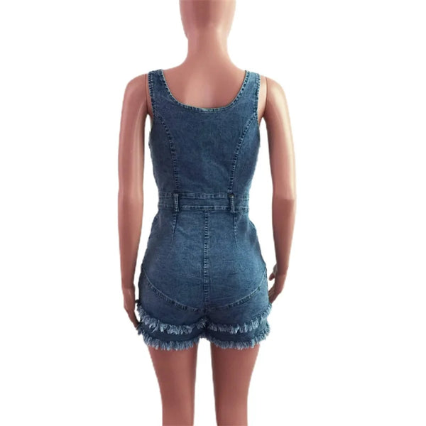 Trendy Denim With Suspenders Backless Tassel Jumpsuit