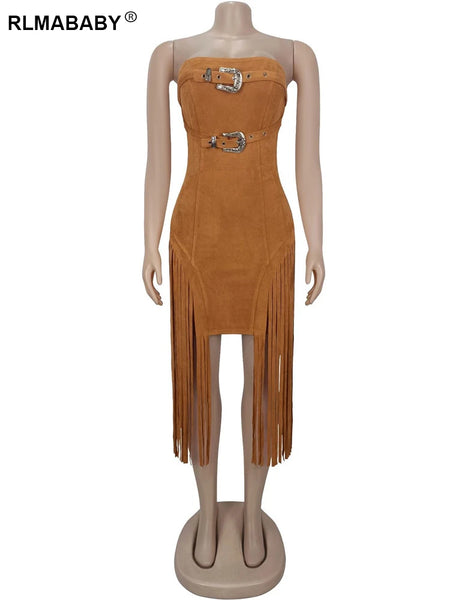 Trendy Fringed Tassel Backless Dress With Belt